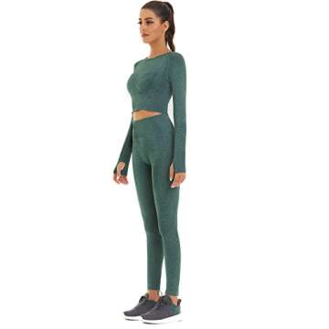 Toplook Women Seamless Workout Outfits Athletic Set Leggings + Long Sleeve Top (Dark Green, Large)