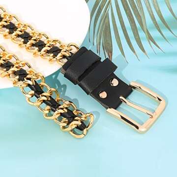 Lamdgbway Leather Chain Belts Metal Punk Waist Belt for Women Dress Jeans Gold 120CM