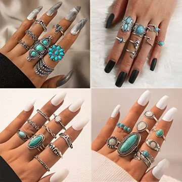 Mixcbe 50 Pcs Vintage Turquoise Rings Set for Women