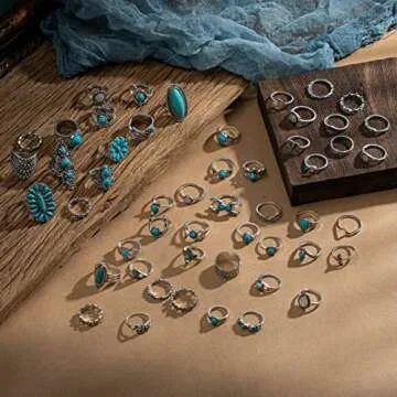 Mixcbe 50 Pcs Vintage Turquoise Rings Set for Women