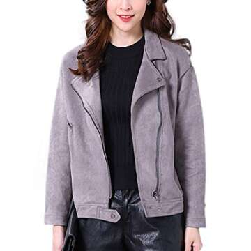 CHARTOU Women's Fall 2023 Fashion Faux Suede Leather Casual Moto Biker Jacket Coats (Small, LGrey)