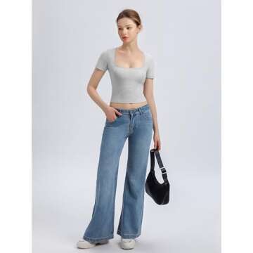 Abonlen Scoop Neck Short Sleeve T Shirts for Women Fitted Going Out Tops Y2k Slim Basic Tees(Gray,Small)