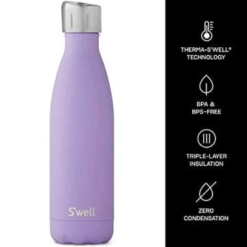 S'well Stainless Steel Water Bottle-Triple-Layered Vacuum-Insulated Containers Keeps Drinks Cold for 41 Hours and Hot for 18-with No Condensation-BPA Free, 17 Fl Oz, Soft Touch Purple Heat