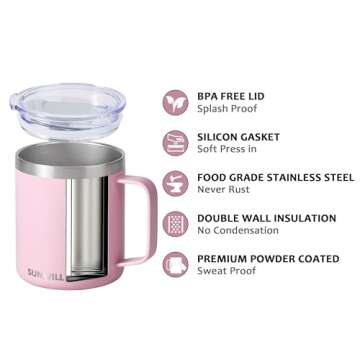 SUNWILL Insulated Coffee Mug with Lid, Travel Tumbler Reusable, 14 oz Stainless Steel Cup for Campin...