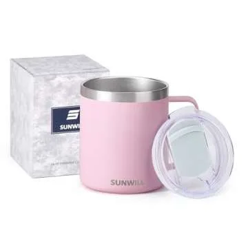 SUNWILL Insulated Coffee Mug with Lid, Travel Tumbler Reusable, 14 oz Stainless Steel Cup for Camping, Office, Home, Powder Coated Sakura