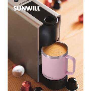 SUNWILL Insulated Coffee Mug with Lid, Travel Tumbler Reusable, 14 oz Stainless Steel Cup for Camping, Office, Home, Powder Coated Sakura