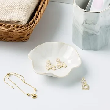 Jewelry Dish Tray, Ring Dish, Ceramic Trinket Tray, Key Bowl, Decorative Plate, for Friends Sisters Daughter Mother (Milky White)