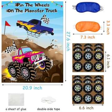 ANGOLIO Monster Truck Pin the Tail Games Party Supplies Pin the Wheels on the Monster Truck Poster B...