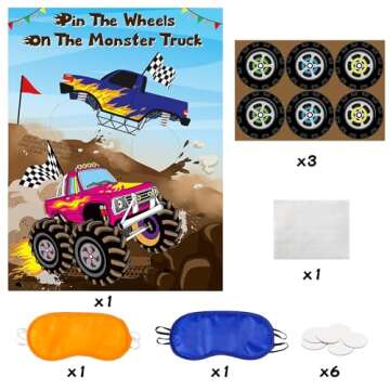 ANGOLIO Monster Truck Pin the Tail Games Party Supplies Pin the Wheels on the Monster Truck Poster Birthday Collection Favor Baby Shower Background Game Accessories for Kids ( Includes 2 Blindfolds )