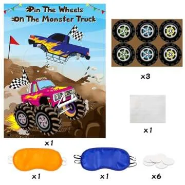 ANGOLIO Monster Truck Pin the Tail Games Party Supplies Pin the Wheels on the Monster Truck Poster Birthday Collection Favor Baby Shower Background Game Accessories for Kids ( Includes 2 Blindfolds )