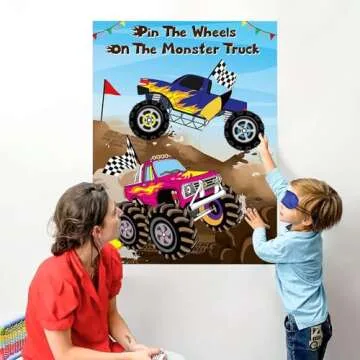 ANGOLIO Monster Truck Pin the Tail Games Party Supplies Pin the Wheels on the Monster Truck Poster Birthday Collection Favor Baby Shower Background Game Accessories for Kids ( Includes 2 Blindfolds )