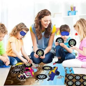 ANGOLIO Monster Truck Pin the Tail Games Party Supplies Pin the Wheels on the Monster Truck Poster Birthday Collection Favor Baby Shower Background Game Accessories for Kids ( Includes 2 Blindfolds )