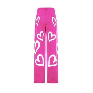 Women's High Waist Heart Print Wide Leg Loost Fit Vintage Boyfriend Jeans Teen Girls Streetwear Denim Pants Pink