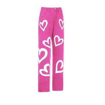 Women's High Waist Heart Print Wide Leg Loost Fit Vintage Boyfriend Jeans Teen Girls Streetwear Denim Pants Pink
