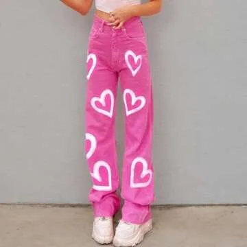 Women's High Waist Heart Print Wide Leg Loost Fit Vintage Boyfriend Jeans Teen Girls Streetwear Denim Pants Pink