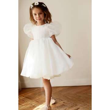 JOJECO White Wedding Flower Girl Dresses for Teen Girls Short Tutu Birthday Formal Graduation Dresses Puff Short Sleeve Princess Pageant First Communion Holiday Dance Dress for Girls White 06