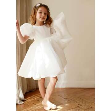 JOJECO White Wedding Flower Girl Dresses for Teen Girls Short Tutu Birthday Formal Graduation Dresses Puff Short Sleeve Princess Pageant First Communion Holiday Dance Dress for Girls White 06