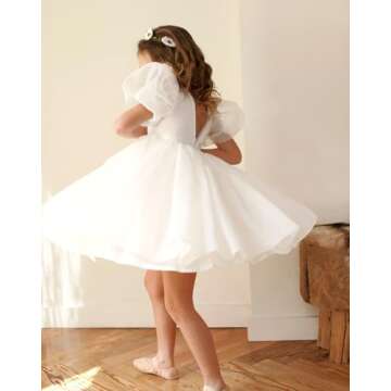 JOJECO White Wedding Flower Girl Dresses for Teen Girls Short Tutu Birthday Formal Graduation Dresses Puff Short Sleeve Princess Pageant First Communion Holiday Dance Dress for Girls White 06