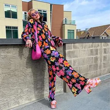 ABYOVRT Pleated 2 Piece Outfits for Women Long Sleeve Oversized Button Down Shirt Wide Leg Pants Sets Casual Loungewear (Colorful flower, Large)