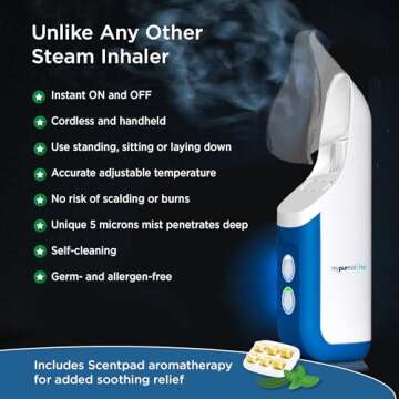 Mypurmist Cordless Ultrapure Steam Inhaler - Handheld Steamer, Vaporizer & Humidifier for Sinus Reli...
