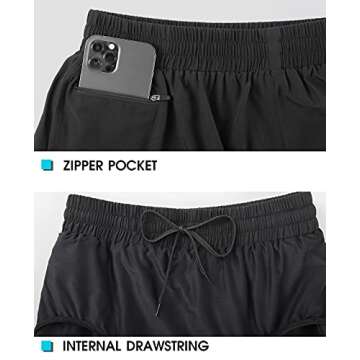 Benirap Womens Shorts Quick-Dry Running Shorts Sports Layer Elastic Waist Workout Athletic Shorts with Zipper Pocket 2"