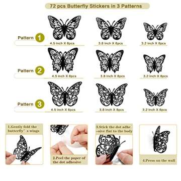 72 Pcs Black Butterfly Decorations, 3 Sizes 3 Styles, 3D Butterfly Wall Decor, Butterfly Party Decor...
