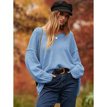 ANRABESS Women's Oversized Casual Loose Slouchy Scoop V Neck Batwing Long Sleeve Knit 2025 Fall Pullover Sweaters Blue Small