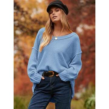 ANRABESS Women's Oversized Casual Loose Slouchy Scoop V Neck Batwing Long Sleeve Knit 2025 Fall Pullover Sweaters Blue Small