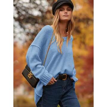 ANRABESS Women's Oversized Casual Loose Slouchy Scoop V Neck Batwing Long Sleeve Knit 2025 Fall Pullover Sweaters Blue Small