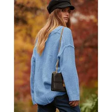 ANRABESS Women's Oversized Casual Loose Slouchy Scoop V Neck Batwing Long Sleeve Knit 2025 Fall Pullover Sweaters Blue Small