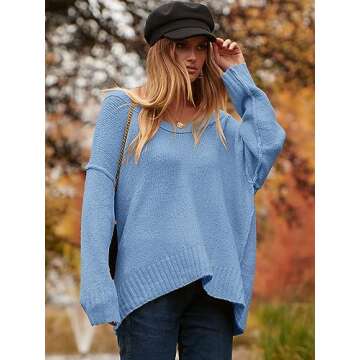 ANRABESS Women's Oversized Casual Loose Slouchy Scoop V Neck Batwing Long Sleeve Knit 2025 Fall Pullover Sweaters Blue Small