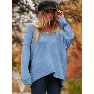 ANRABESS Women's Oversized Casual Loose Slouchy Scoop V Neck Batwing Long Sleeve Knit 2025 Fall Pullover Sweaters Blue Small