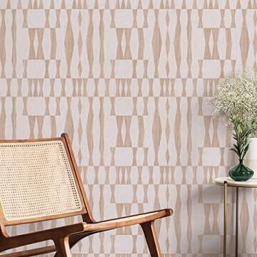Tempaper Beige Textured Faux Grasscloth Geo Removable Peel and Stick Wallpaper, 20.5 in X 16.5 ft, Made in The USA, Jute