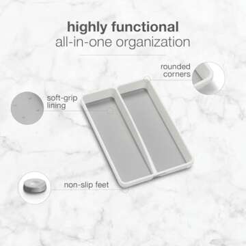 madesmart Classic Mini Utensil Tray, Soft Grip, Non-Slip Kitchen Drawer Organizer, 2 Compartments, Multi-Purpose Home Organization, BPA Free, White