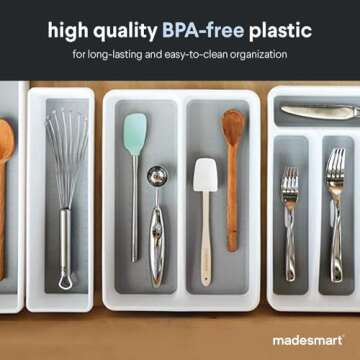 madesmart Classic Mini Utensil Tray, Soft Grip, Non-Slip Kitchen Drawer Organizer, 2 Compartments, Multi-Purpose Home Organization, BPA Free, White
