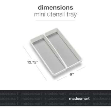 madesmart Classic Mini Utensil Tray, Soft Grip, Non-Slip Kitchen Drawer Organizer, 2 Compartments, Multi-Purpose Home Organization, BPA Free, White