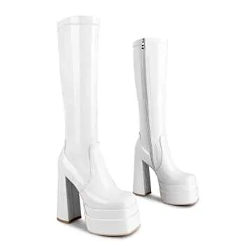 wetkiss Platform Knee High Boots Women White Platform Boots for Women White Gogo Boots Women's Knee-high Boots Chunky Boots for Women Long Boots 70s Boots Tall Boots Patent Leather Square Toe Boots