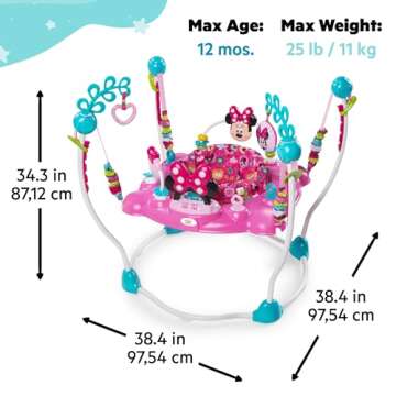 Bright Starts Disney Baby MINNIE MOUSE PeekABoo Baby Activity Center Jumper with 8 Toys, Lights & Sounds, 360-Degree Seat, 6-12 Months (Pink/Blue)