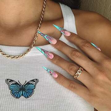 VOTACOS Press on Nails Long Stiletto Fake Nails Baby Blue False Nails with Sakura Design Matte Full Cover Stick on Nails for Women