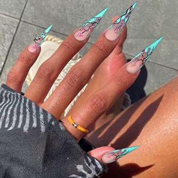 VOTACOS Press on Nails Long Stiletto Fake Nails Baby Blue False Nails with Sakura Design Matte Full Cover Stick on Nails for Women