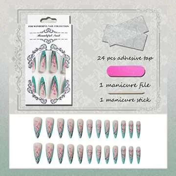 VOTACOS Press on Nails Long Stiletto Fake Nails Baby Blue False Nails with Sakura Design Matte Full Cover Stick on Nails for Women