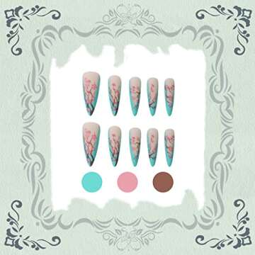 VOTACOS Press on Nails Long Stiletto Fake Nails Baby Blue False Nails with Sakura Design Matte Full Cover Stick on Nails for Women