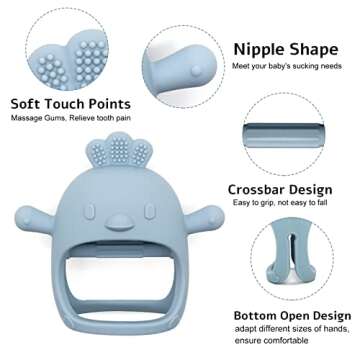 Chick Shape Baby Teething Toys, Never Drop Hand Wrist Teether, Baby Chew Toys for Sucking Needs, Food-Grade Silicone Baby Mitten Teether for Soothing Teething Pain Relief, Easy to Grip (Dusty Blue)