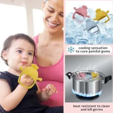 Chick Shape Baby Teething Toys, Never Drop Hand Wrist Teether, Baby Chew Toys for Sucking Needs, Food-Grade Silicone Baby Mitten Teether for Soothing Teething Pain Relief, Easy to Grip (Dusty Blue)