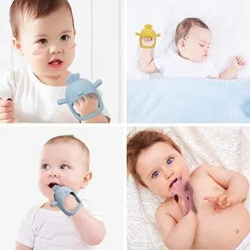 Chick Shape Baby Teething Toys, Never Drop Hand Wrist Teether, Baby Chew Toys for Sucking Needs, Food-Grade Silicone Baby Mitten Teether for Soothing Teething Pain Relief, Easy to Grip (Dusty Blue)