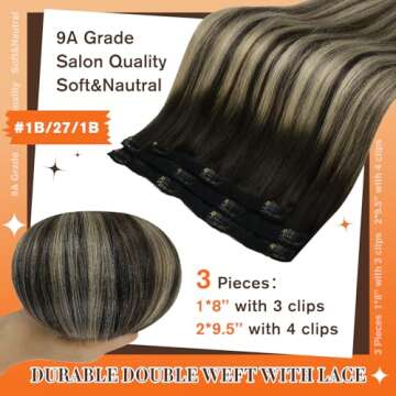 Full Shine Clip in Hair Extensions - Real Human Hair Ombre, 16 Inch, 60 Grams, 3 Pcs