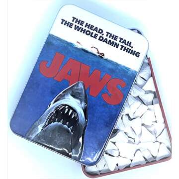 Jaws Amity Island Candy - One (1) Collectible Jaws Movie Poster Tin- Shark Teeth Shape - Sour Cherry Flavor