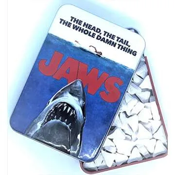 Jaws Amity Island Candy - One (1) Collectible Jaws Movie Poster Tin- Shark Teeth Shape - Sour Cherry Flavor