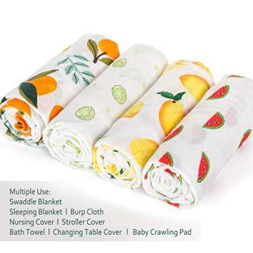 Baby Swaddle Blanket Upsimples Unisex Swaddle Wrap Soft Silky Bamboo Muslin Swaddle Blankets Receiving Blanket for Boys and Girls, 47 x 47 inches, Set of 4-Lemon/Kiwi Fruit/Watermelon/Orange