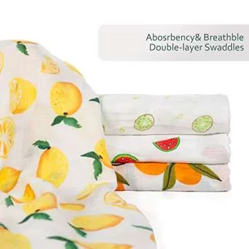 Baby Swaddle Blanket Upsimples Unisex Swaddle Wrap Soft Silky Bamboo Muslin Swaddle Blankets Receiving Blanket for Boys and Girls, 47 x 47 inches, Set of 4-Lemon/Kiwi Fruit/Watermelon/Orange